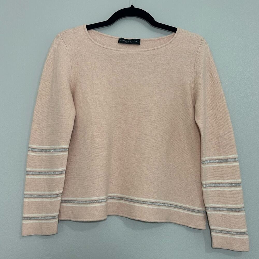 Fabiana Filippi Metallic Embellished Striped Knit Sweater in Blush Pink Size 46